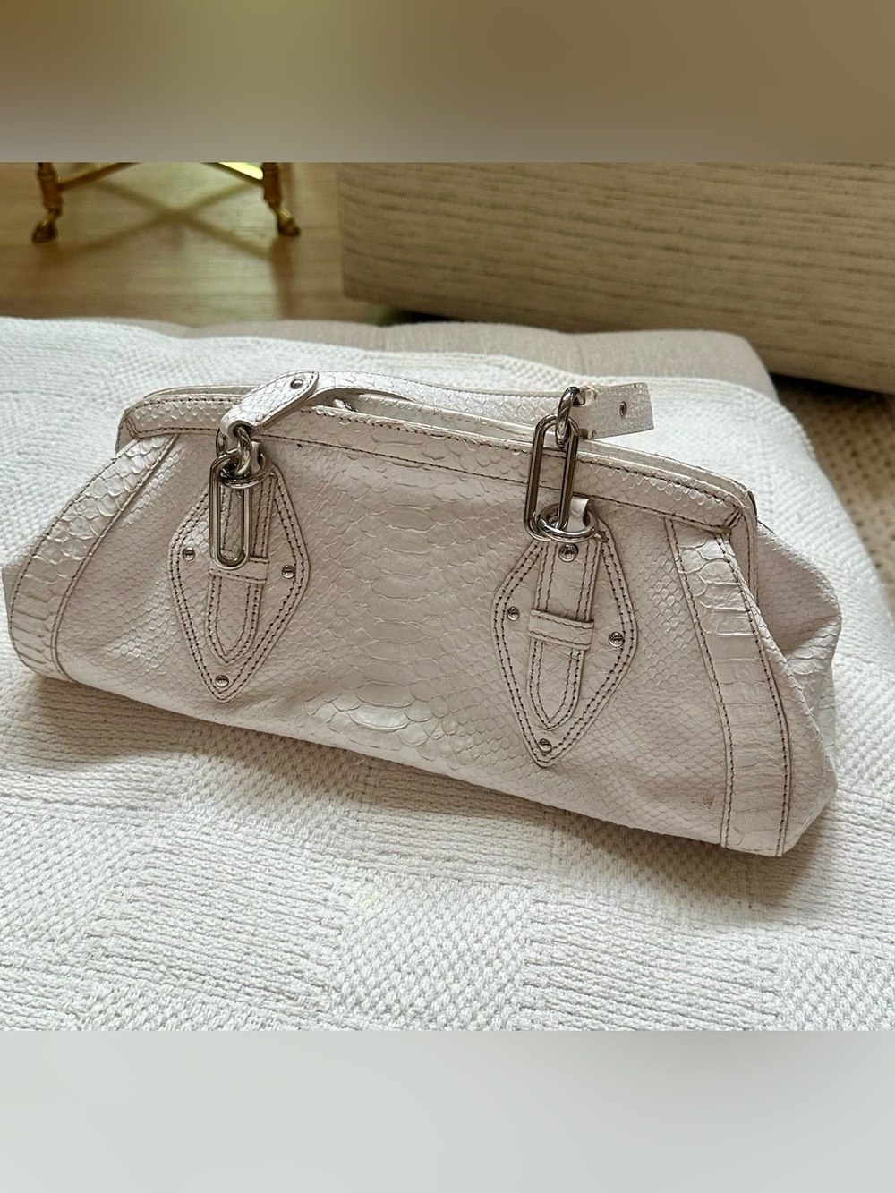 Cole Haan Cream Trinity Python Print Textured Leather Bag with Silver Hardware